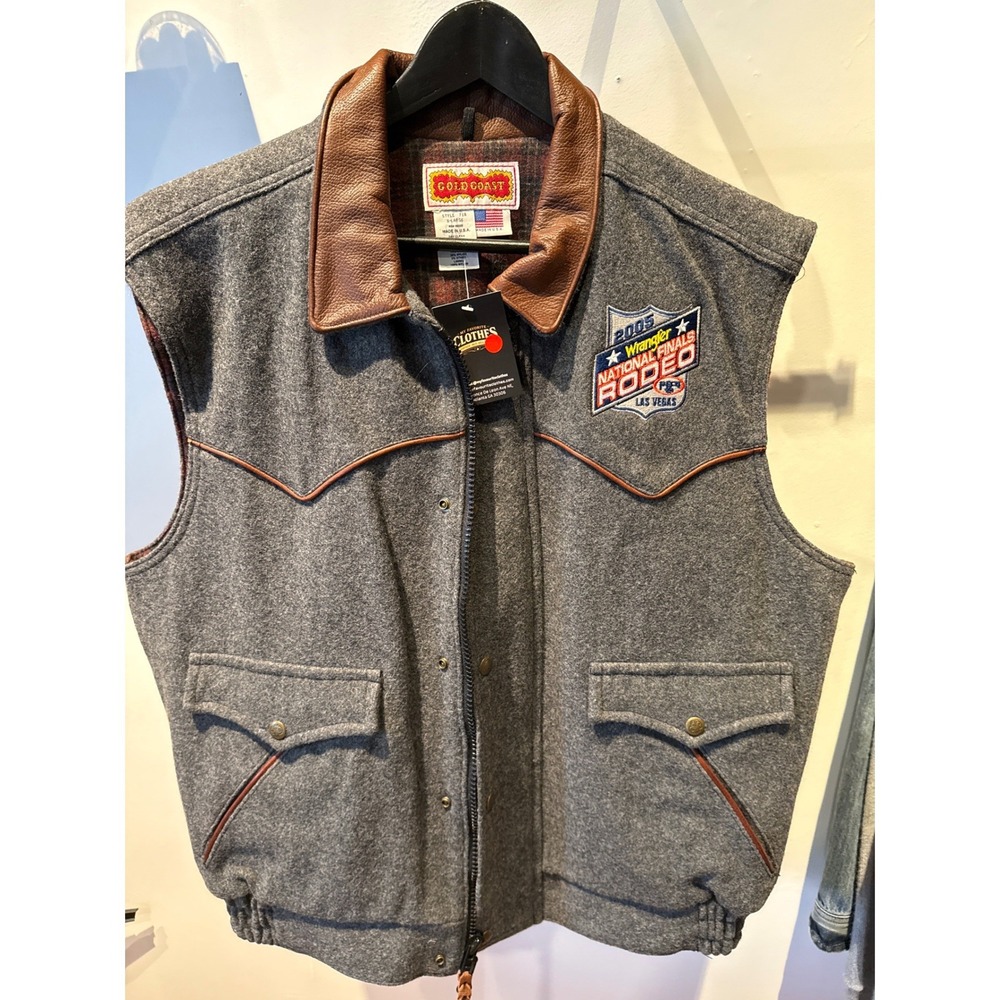Gold Coast Mens 2005 Wrangler National Finals Rodeo Wool Leather Vest Grey XL
